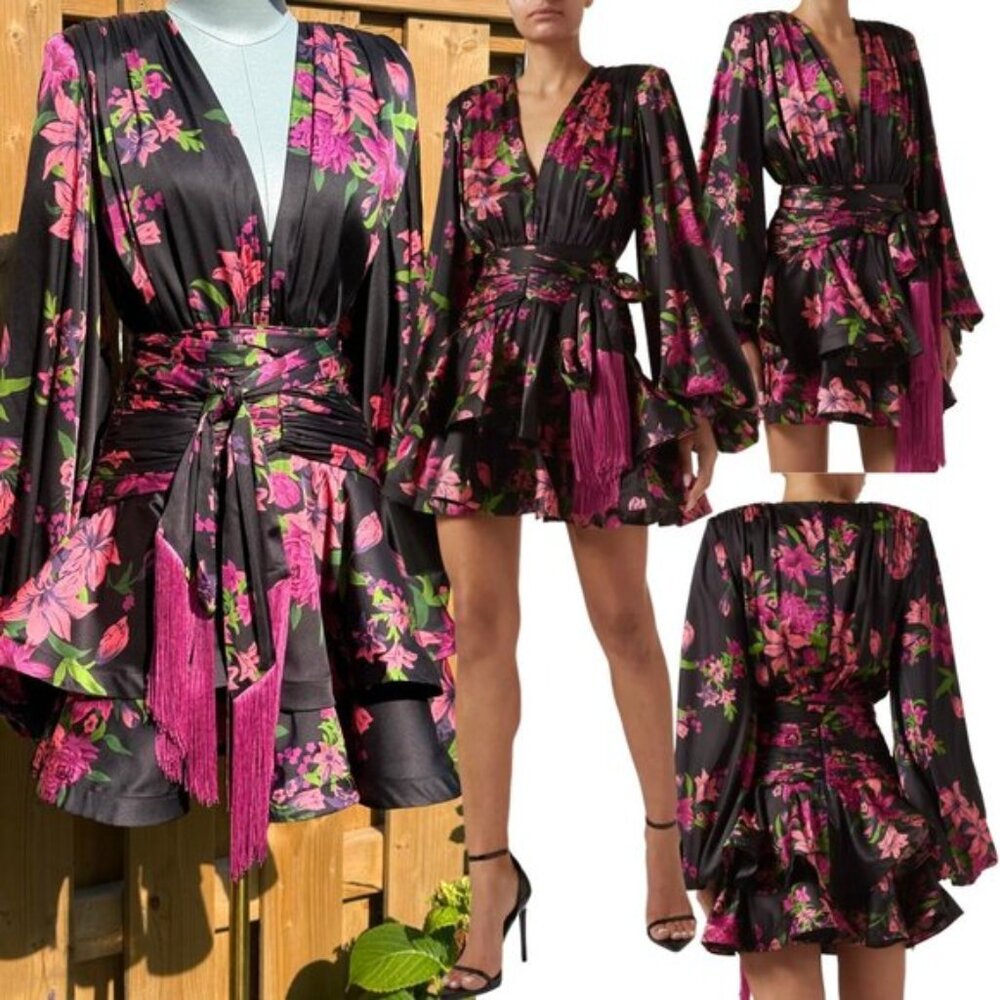 🆕 BRONX & BANCO 🧿 NWOT Bedouin Pink Lily Mini Dress, Tassel Tie, Sz XS US 2